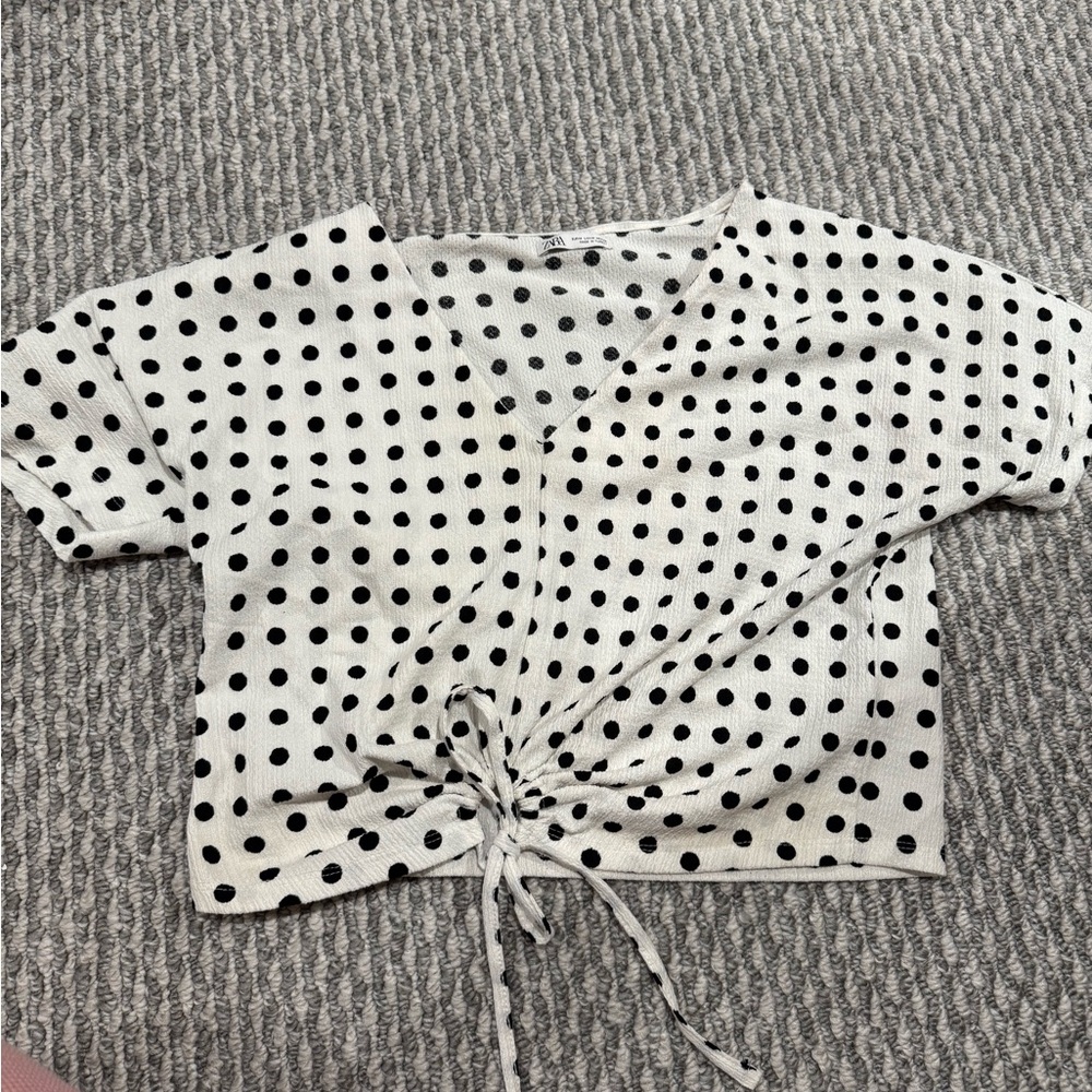 Zara Black and White Polka Dot Tie-Front Tee